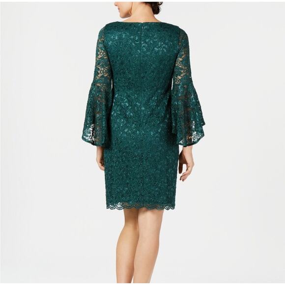 NEW Jessica Howard Dramatic Bell-Sleeve Glitter Hunter Green Lace Dress 16 - Picture 3 of 16